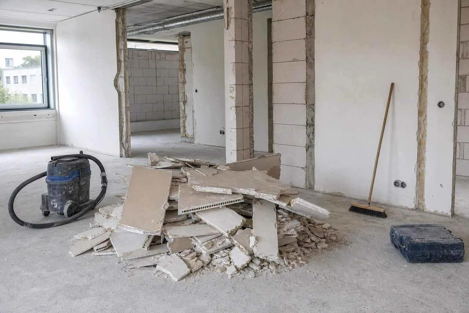 Geordneter Rückbaubereich mit Bauschutt und Reinigungsgerät