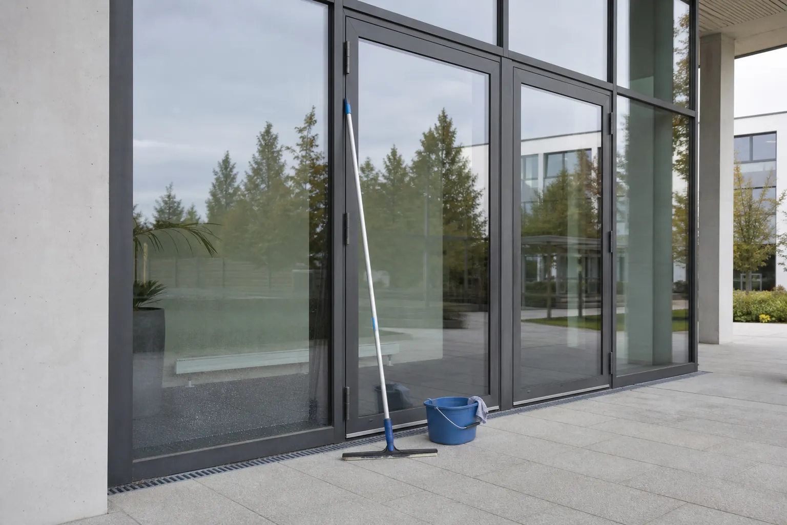 Glasfassade mit professionellen Reinigungsutensilien