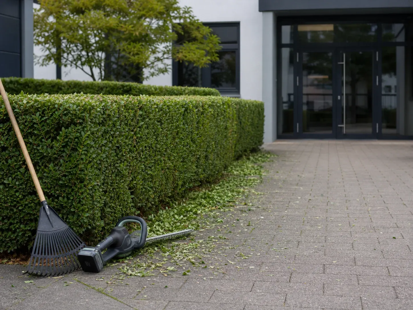 Gepflegte Außenanlage mit Arbeitsgerät am Rand